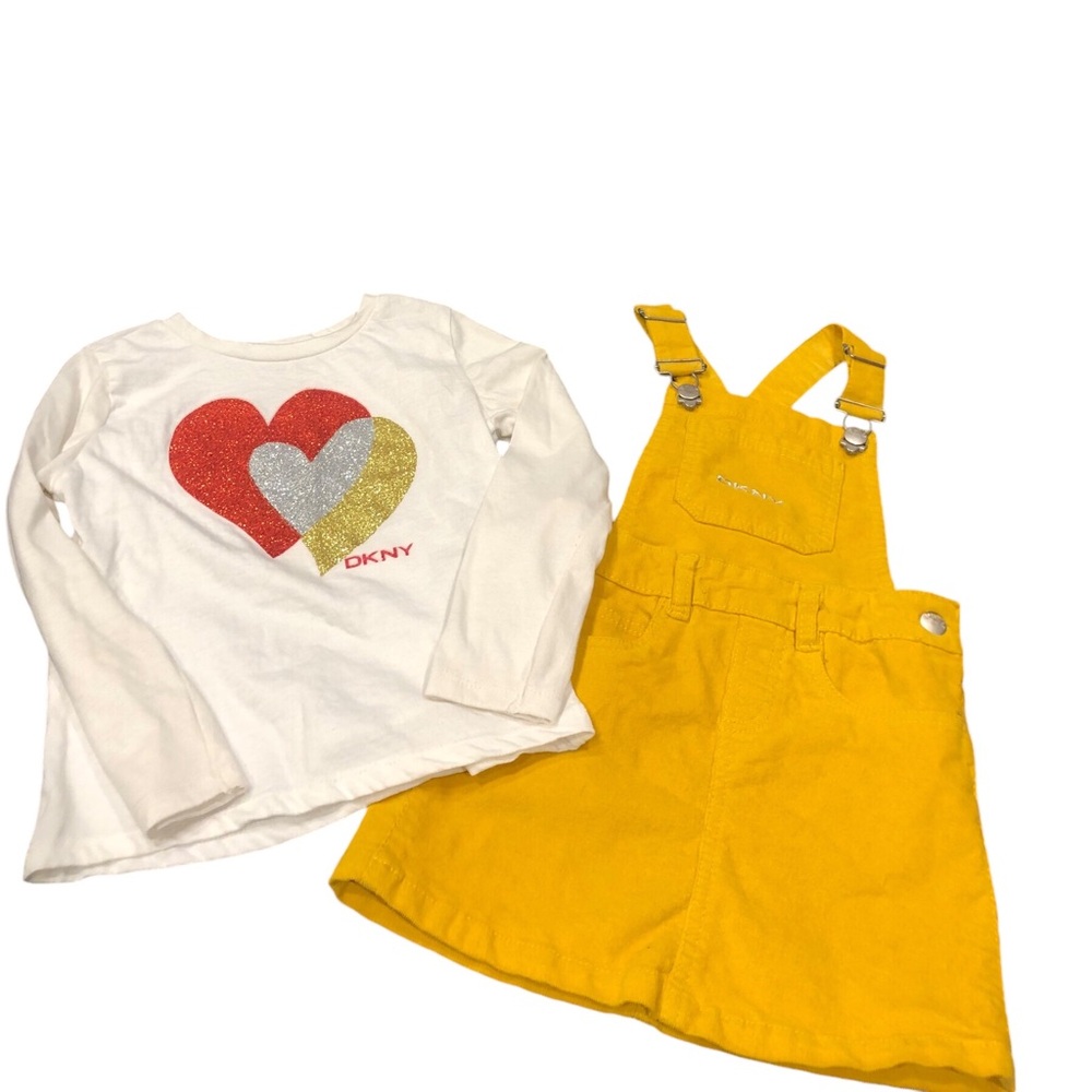 Girls DKNY Yellow Corduroy Jumper Dress with Sparkle Heart Set Size 5